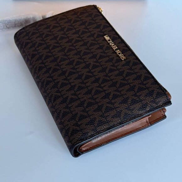 NWT Michael Kors Jet Set Travel Double Zip Large Phone Wallet MK Brown/Luggage - Picture 5 of 11
